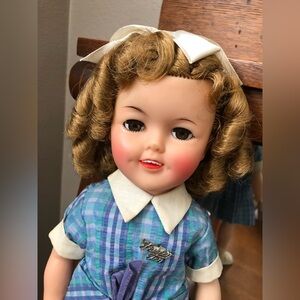 Vinyl Shirley Temple by Ideal in Blue Plaid Seersucker Dress 1958